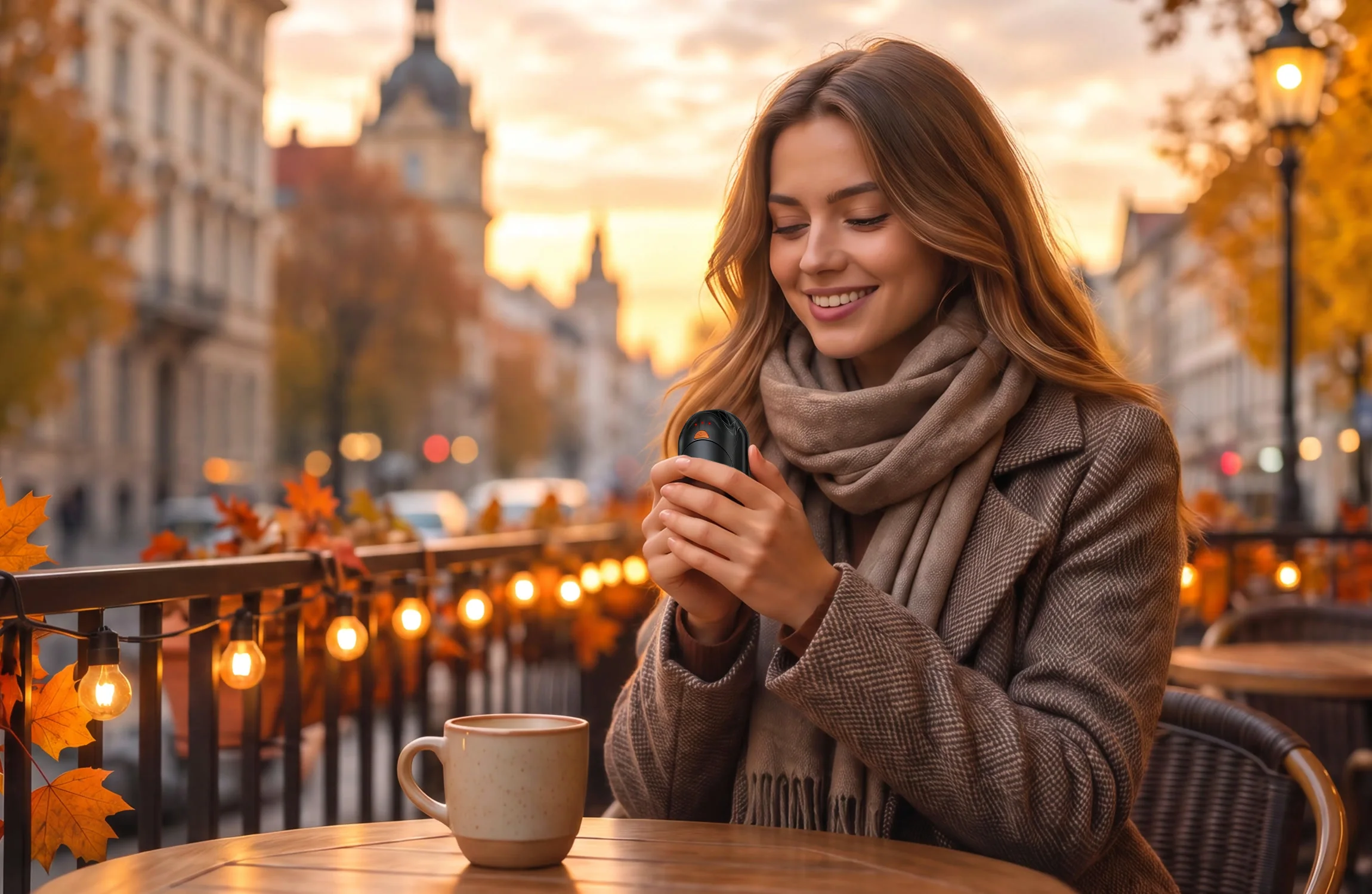 A woman on an autumn cafe terrace holding a black UNIHAND hand warmer