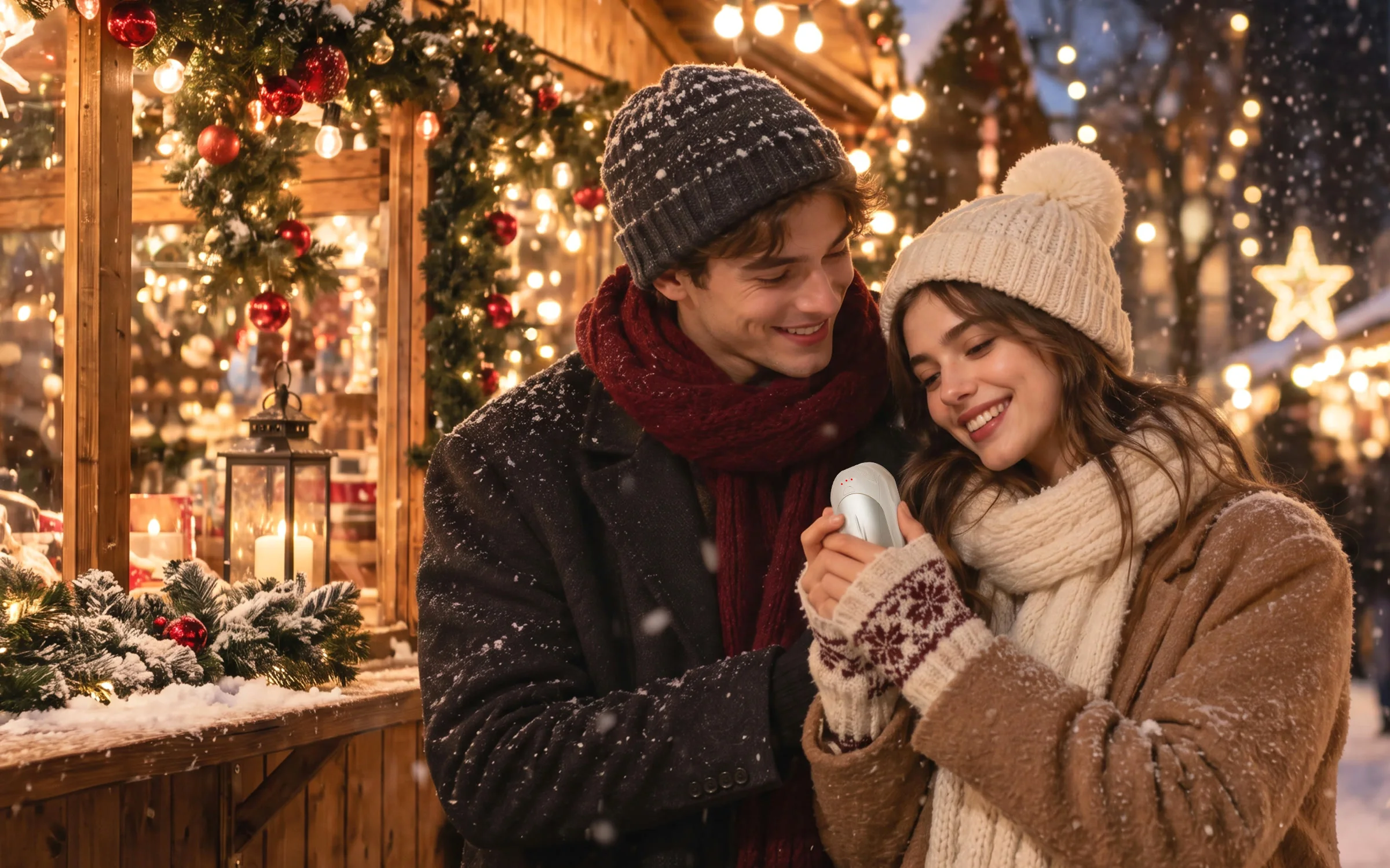 A couple at a snowy Christmas market with a white UNIHAND warmer