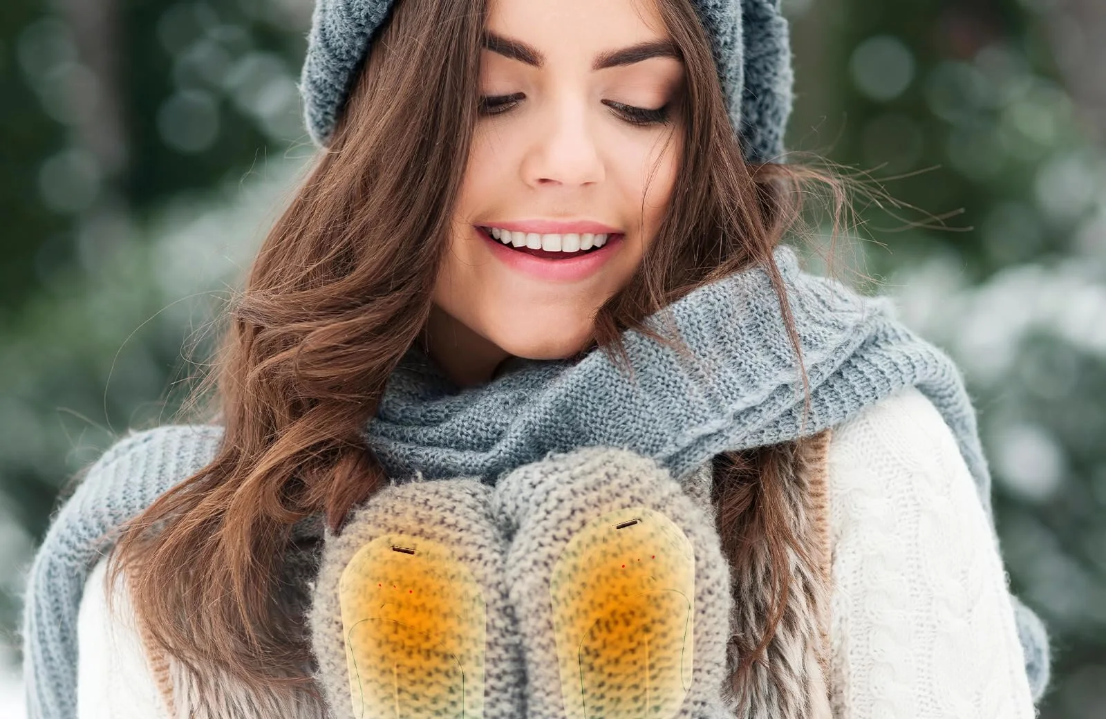 Two Champagne UNIHAND hand warmers glowing through knitted mittens
